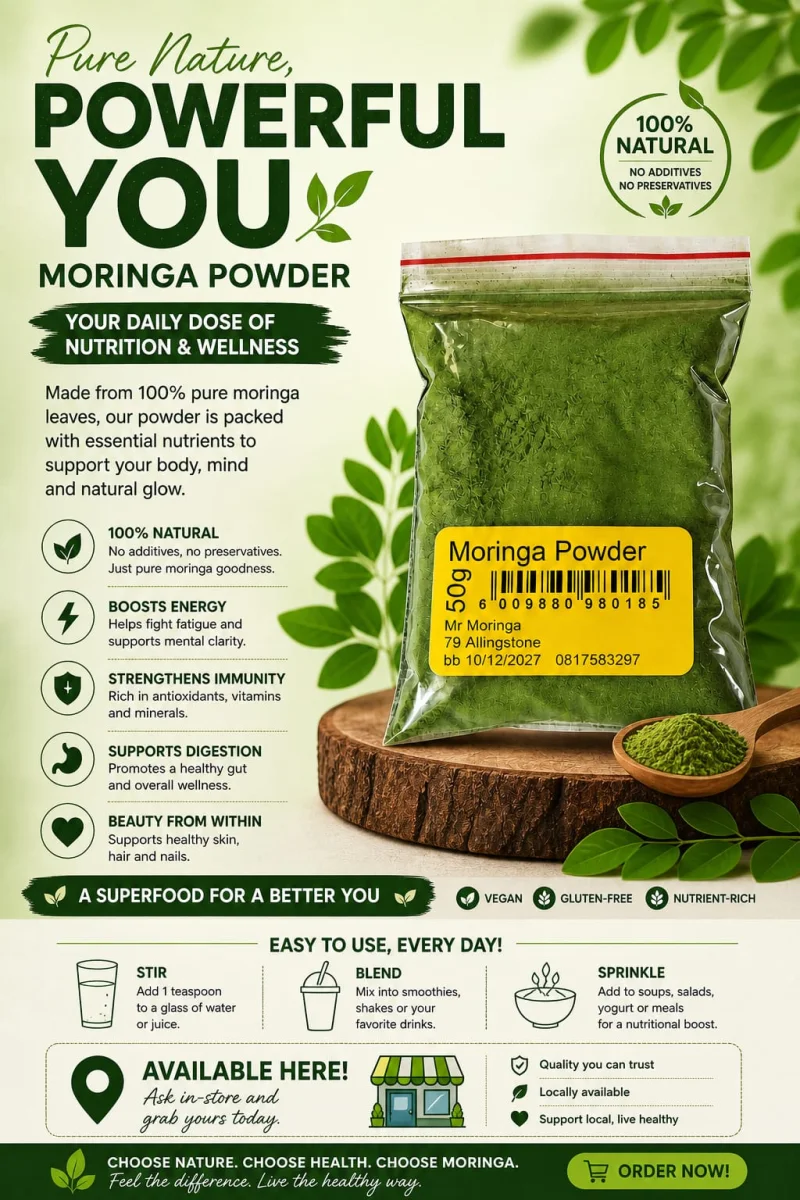 Pure Moringa powder display